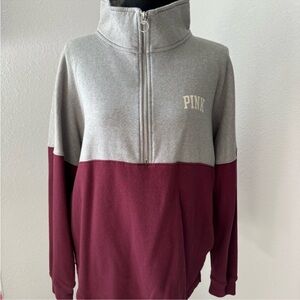 PINK Gray and Burgundy Half-Zip Sweatshirt